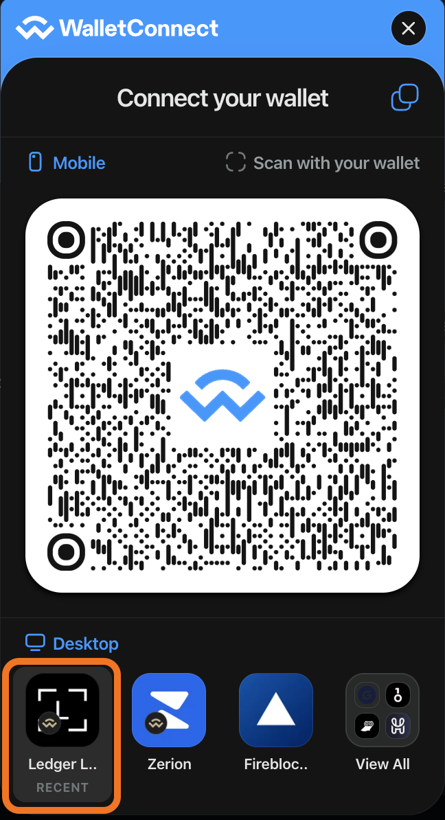 WalletConnect modal with Ledger Live option