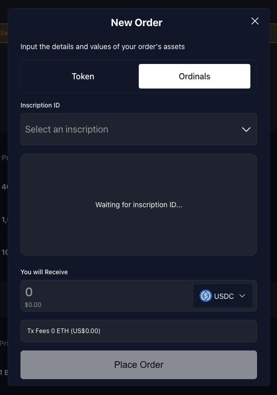 sell ordinal form when wallet is connected