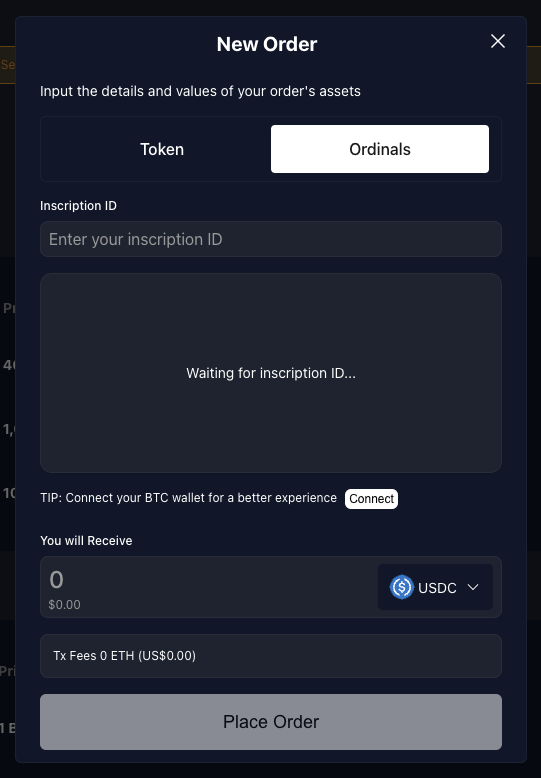 sell ordinal form when wallet is disconnected