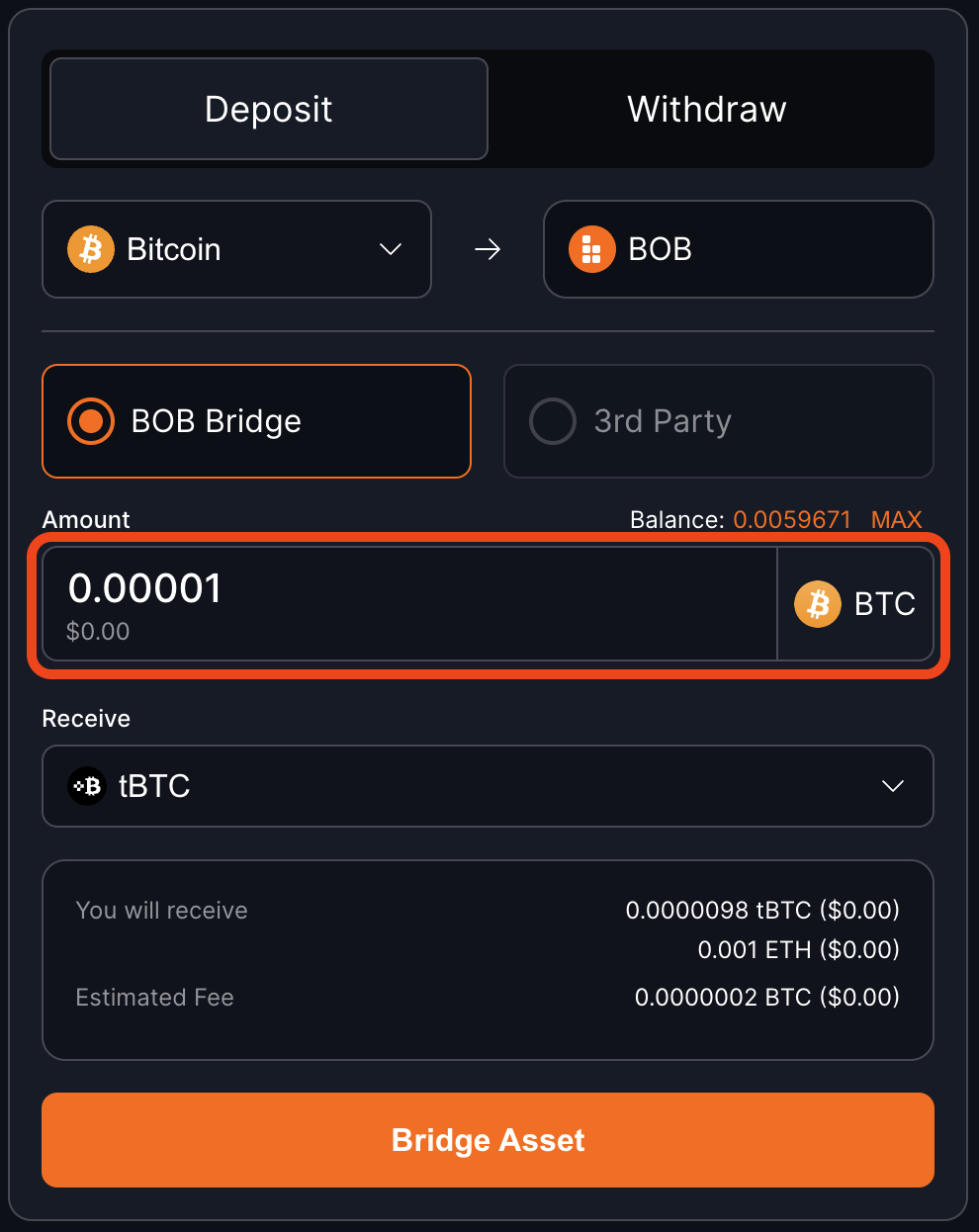 Amount field with 0.00001 BTC typed in
