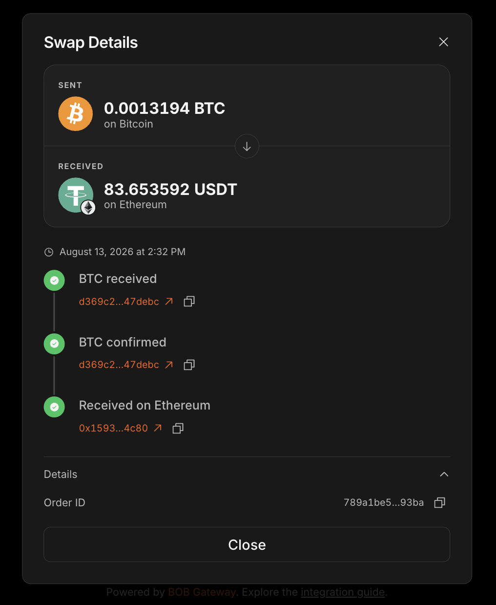 Completed swap showing BTC sent and USDT received on Ethereum