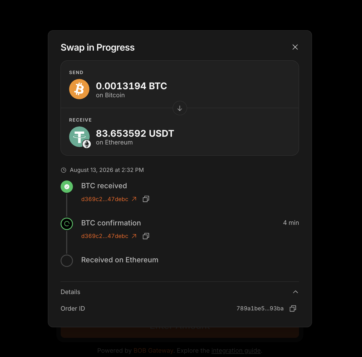 Swap in progress showing BTC received and awaiting confirmation