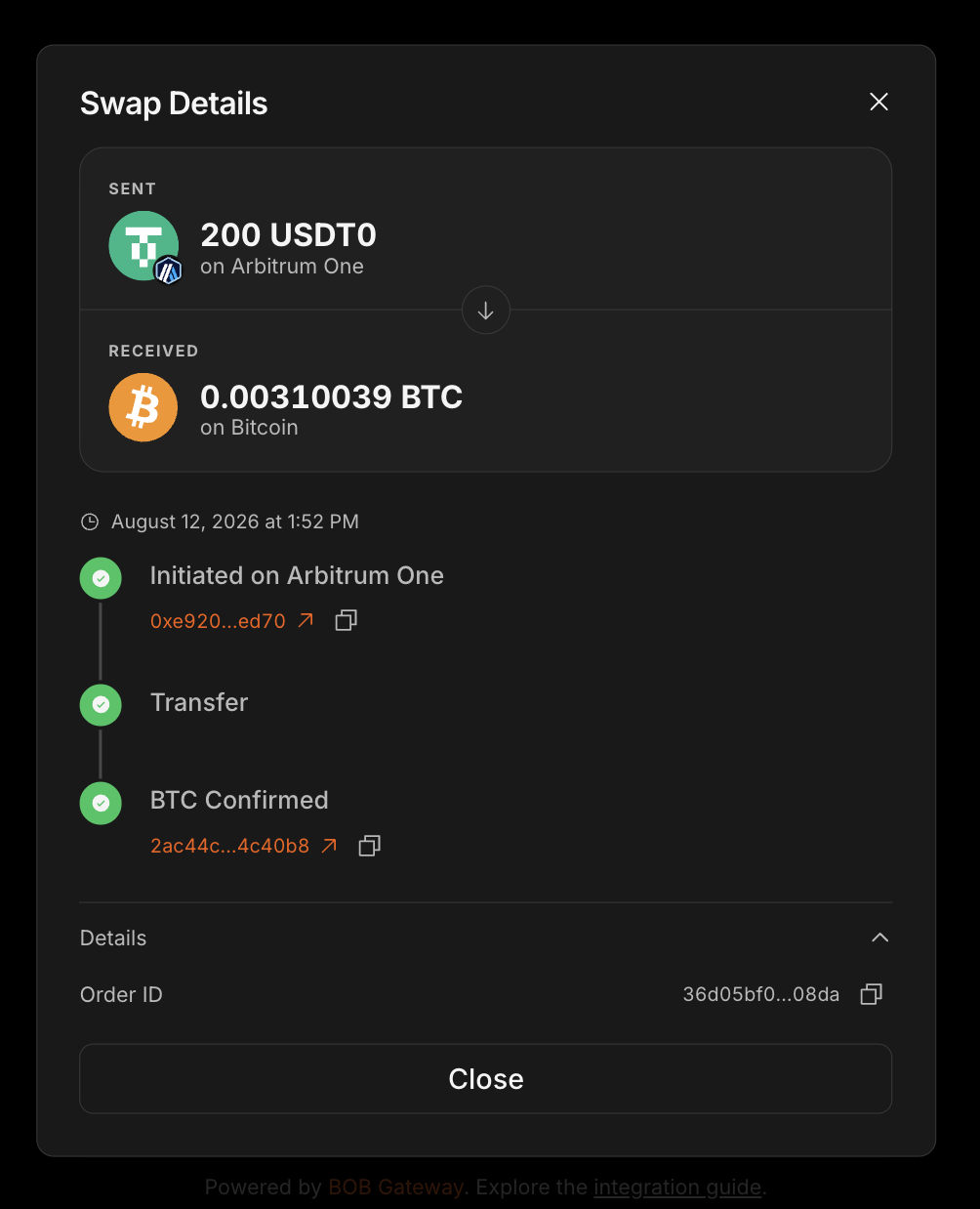 Completed swap showing USDT0 on Arbitrum sent and BTC received