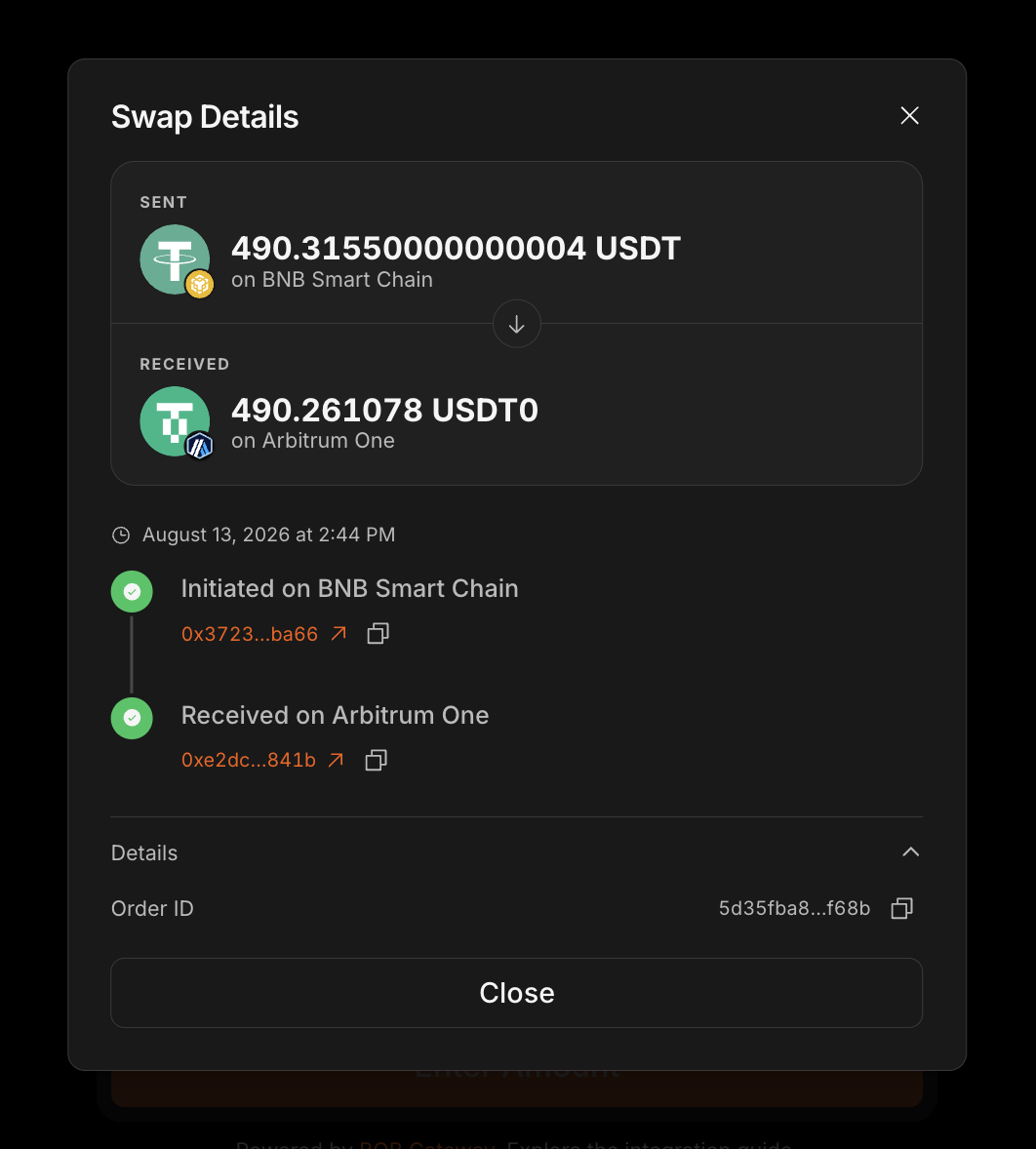 Completed swap showing USDT sent from BNB Smart Chain and USDT0 received on Arbitrum One