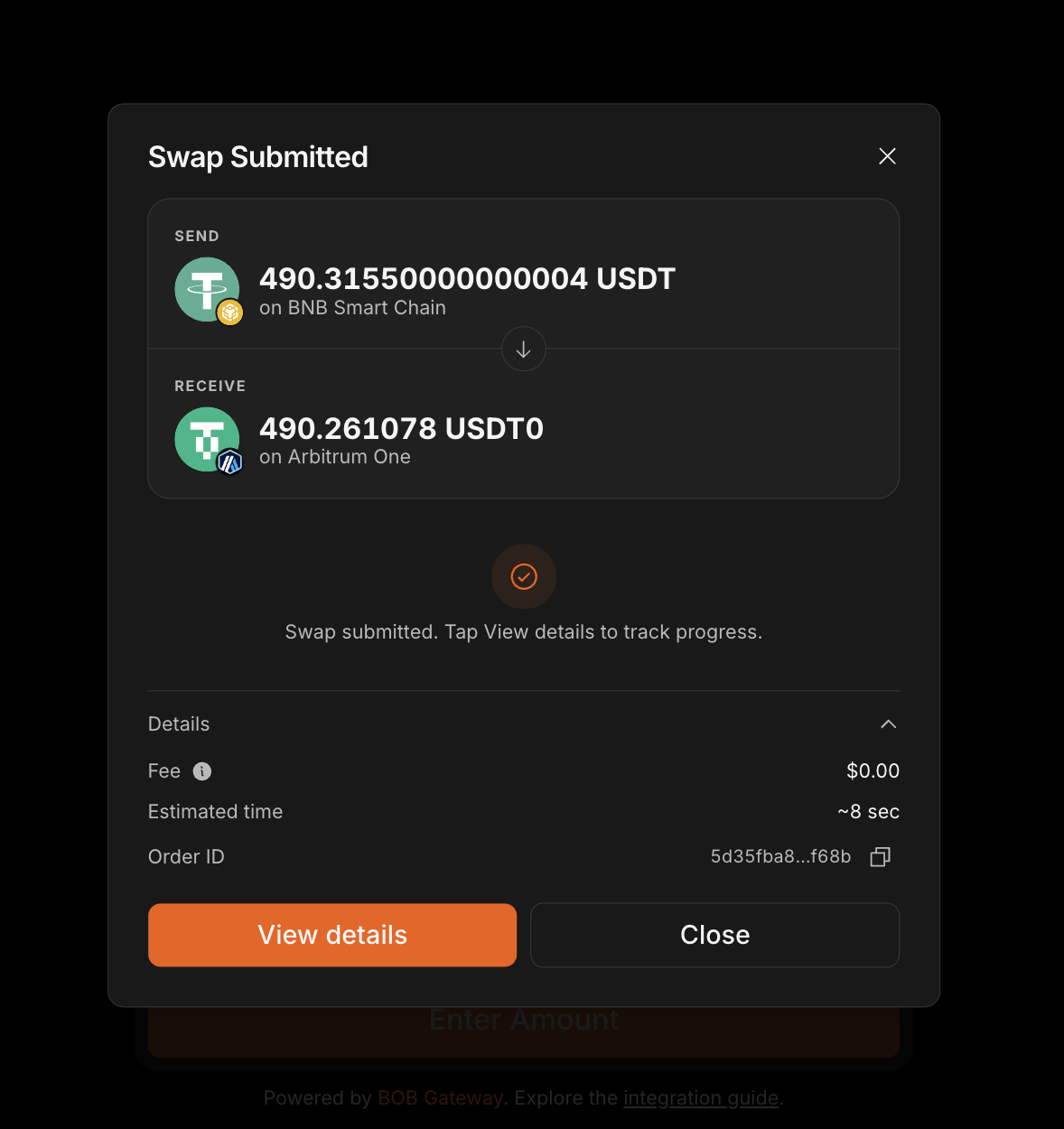 Swap submitted showing USDT on BNB Smart Chain and USDT0 on Arbitrum One