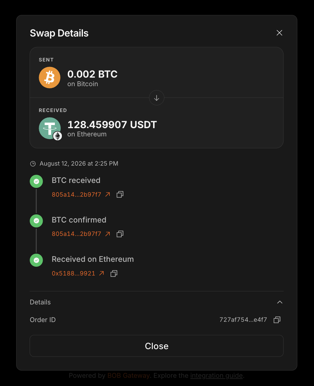 Completed QR swap showing BTC sent and USDT received on Ethereum