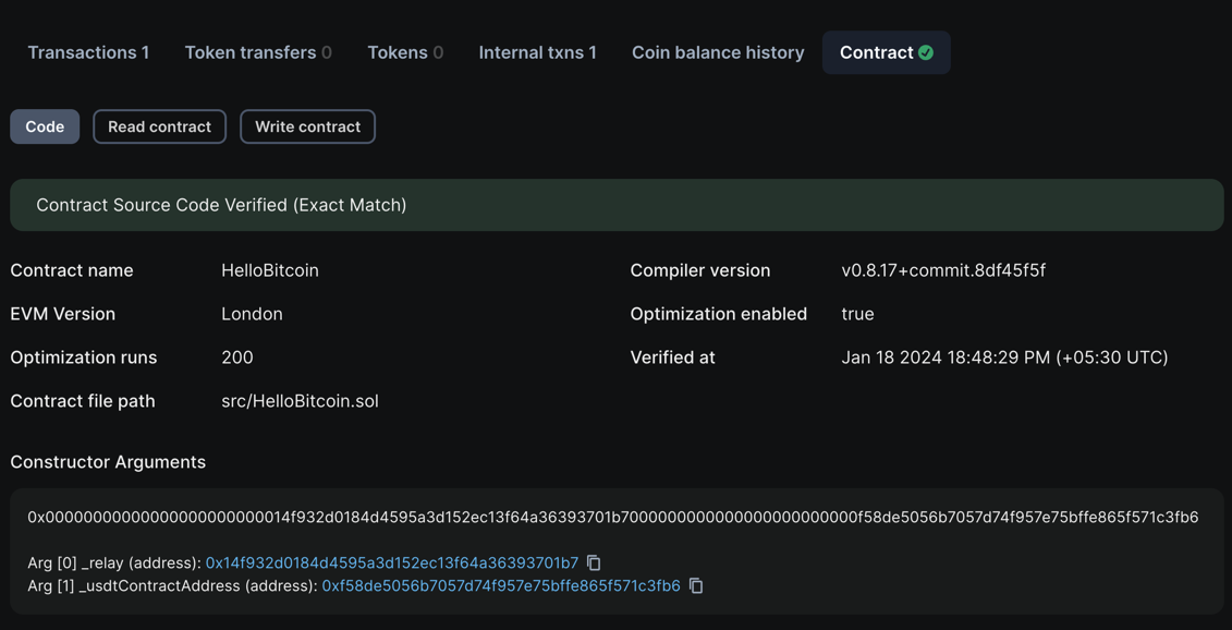 Verified coin contract on the chain explorer